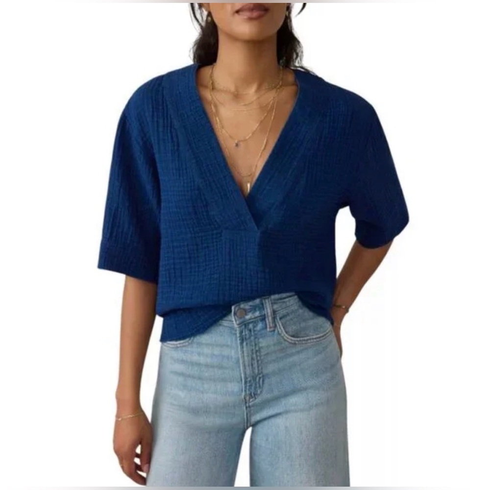 Faherty Deep Navy Textured V-Neck Blouse